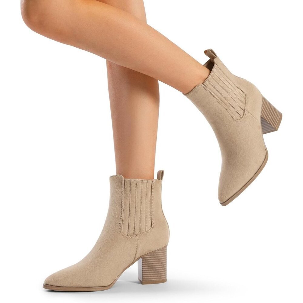 Women's Nude Pointed Toe Ankle Boots Chunky Block Heel Bootie Fall - Picture 8 of 8